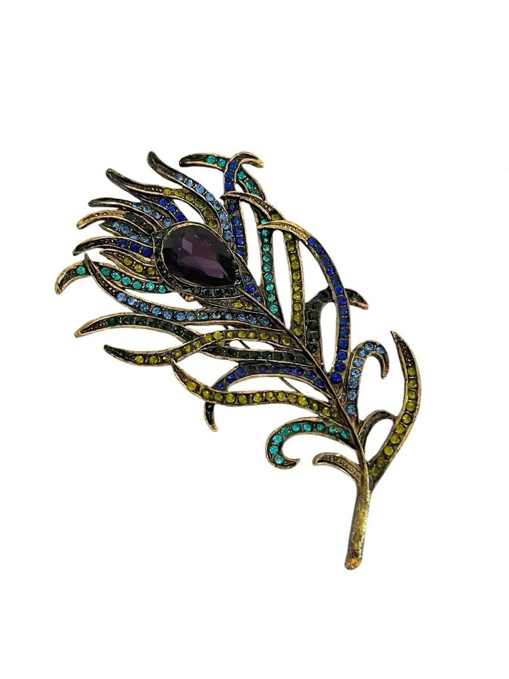Vintage Rhinestone Peacock Feather Brooch